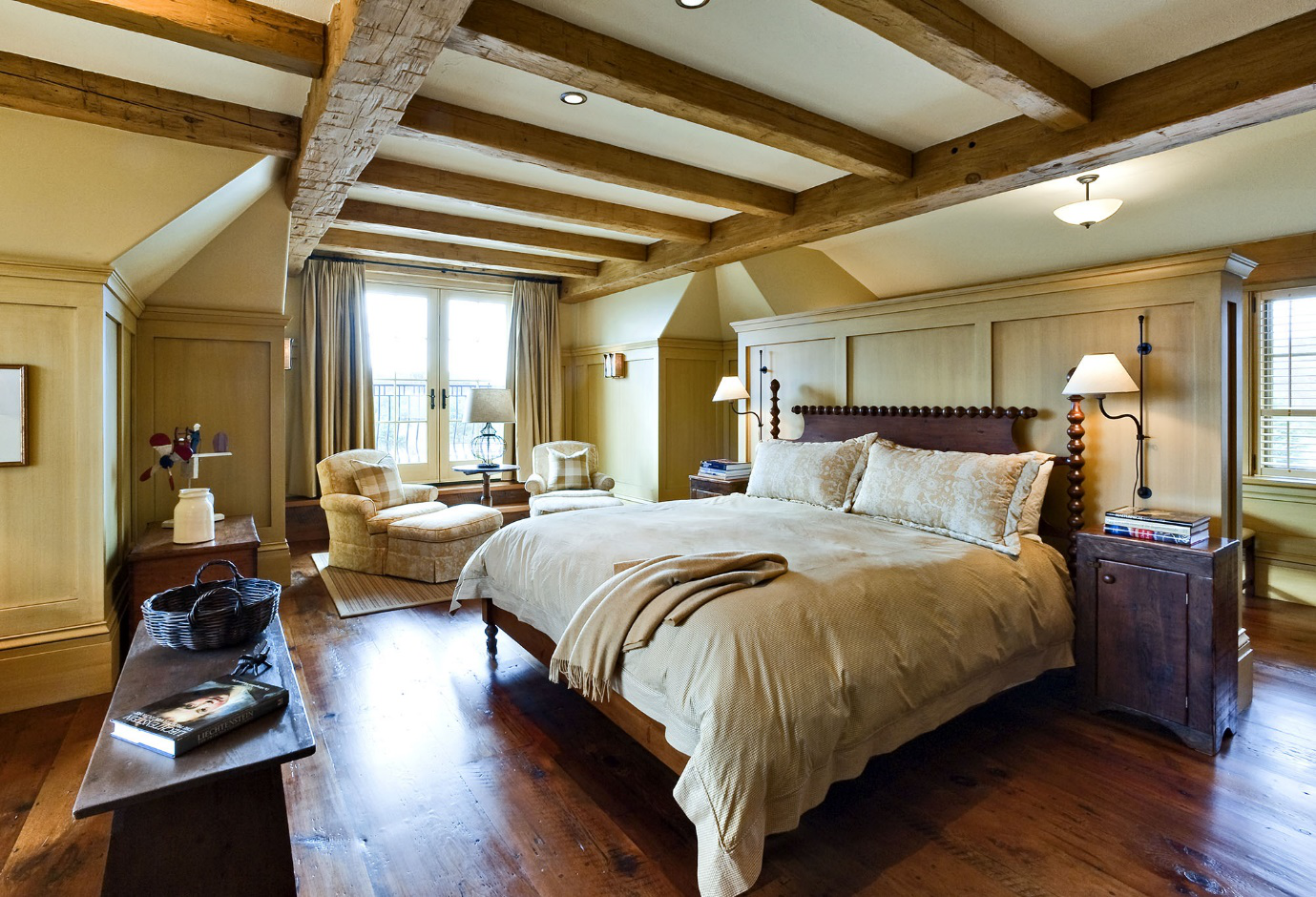  cream-colored themed bedroom with wooden floor